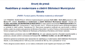 Fonduri PNRR pentru „Reabilitare și modernizare a clădirii Bibliotecii Municipiului Săcele”