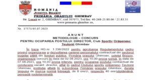 A N U N T METODOLOGIE – CONCURS PENTRU OCUPAREA POSTULUI: DIRECTOR, Club Sportiv Orășenesc Teutonii Ghimbav