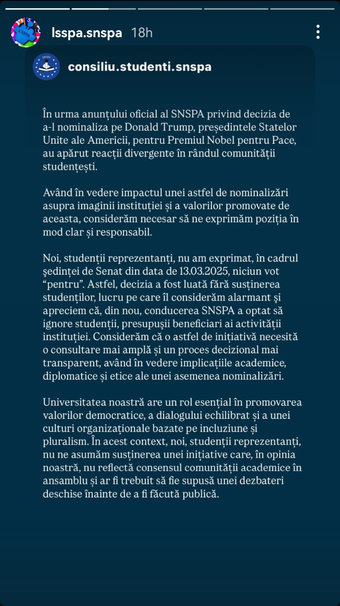 Numai scandaluri la SNSPA! Studenții condamnă decizia rectorului de a susține nominalizarea lui Trump la Nobel 2 Imagine WhatsApp 2025 03 14 la 06.56.35 59134665