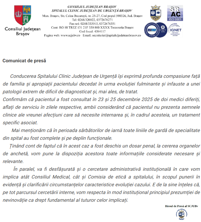 Dosar penal și anchetă internă la Spitalul Județean Brașov, în cazul bărbatului de 35 de ani mort de infarct! 1 Captura de ecran 2026 01 21 120625