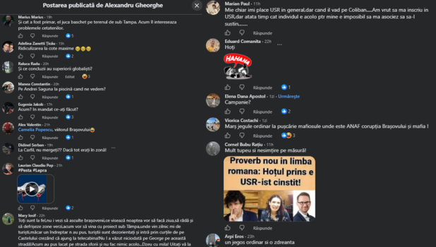 Brașovenii s-au săturat de USR! Din cele 50 de comentarii de pe pagina consilierului Gheorghe doar două sunt pozitive. Culmea, era o postare despre fostul primar Allen Coliban! 5 postare USR COMENTARII 1