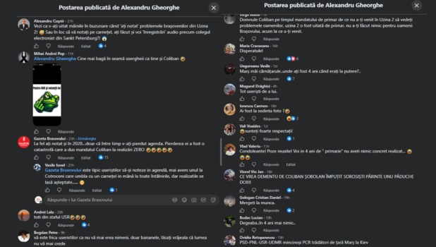 Brașovenii s-au săturat de USR! Din cele 50 de comentarii de pe pagina consilierului Gheorghe doar două sunt pozitive. Culmea, era o postare despre fostul primar Allen Coliban! 4 postare USR COMENTARII